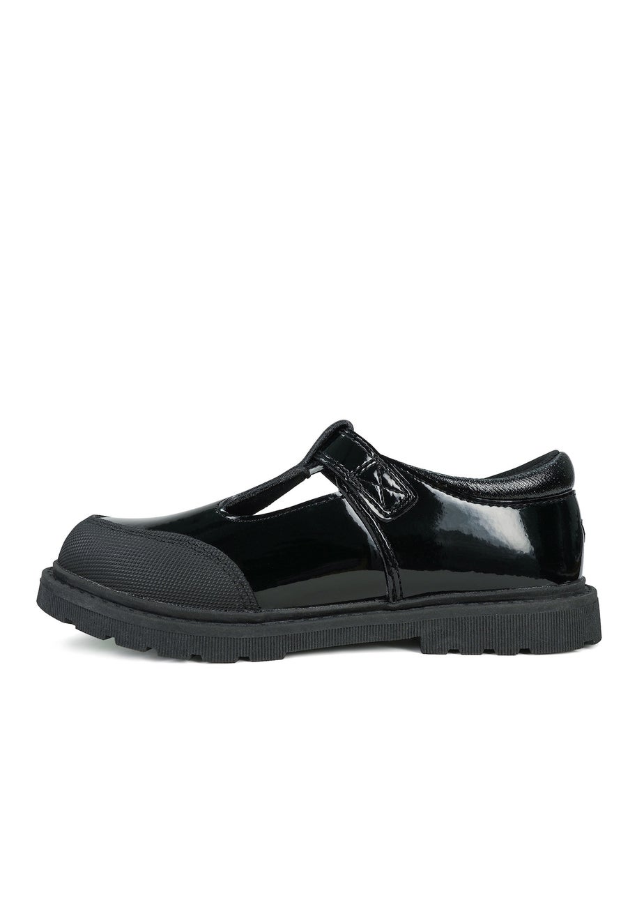 ToeZone Girls Black Clover Patent Coated Leather T-Bar Flower School Shoe (Younger 8 - Older 2)