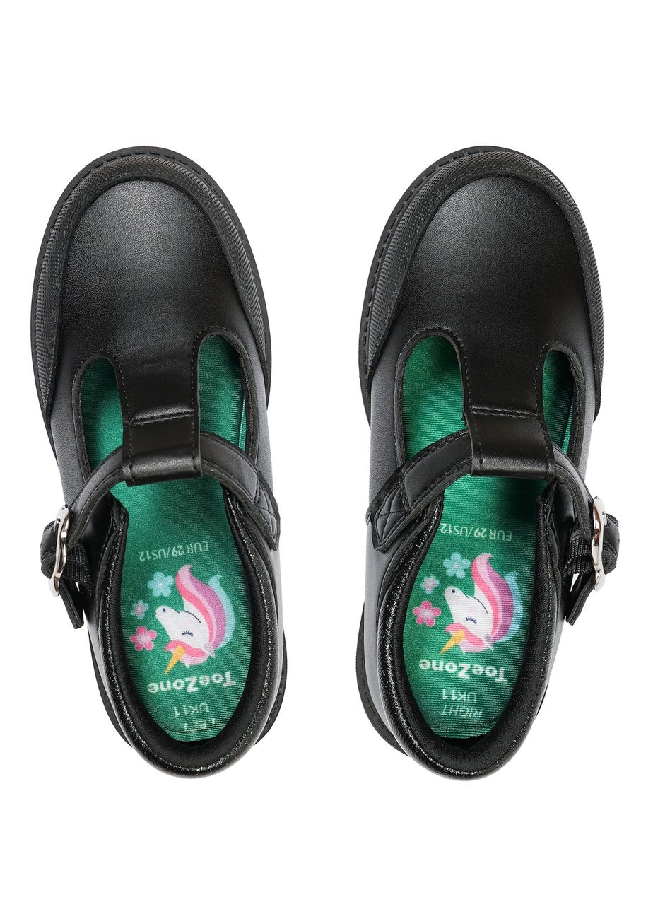 ToeZone Girls Black May Coated Leather T-Bar Unicorn School Shoe (Younger 8 - Older 2)