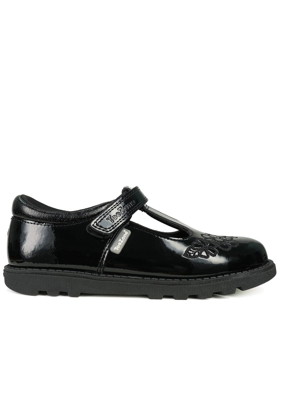 ToeZone Girls Black Flo Patent Leather Rip Tape Flower School Shoe (Younger 6 - 13)