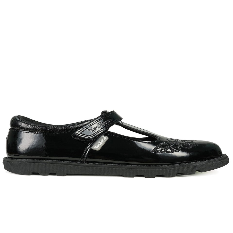 ToeZone Girls Black Flo Patent Leather Rip Tape Flower School Shoe (Younger 6 - 13)