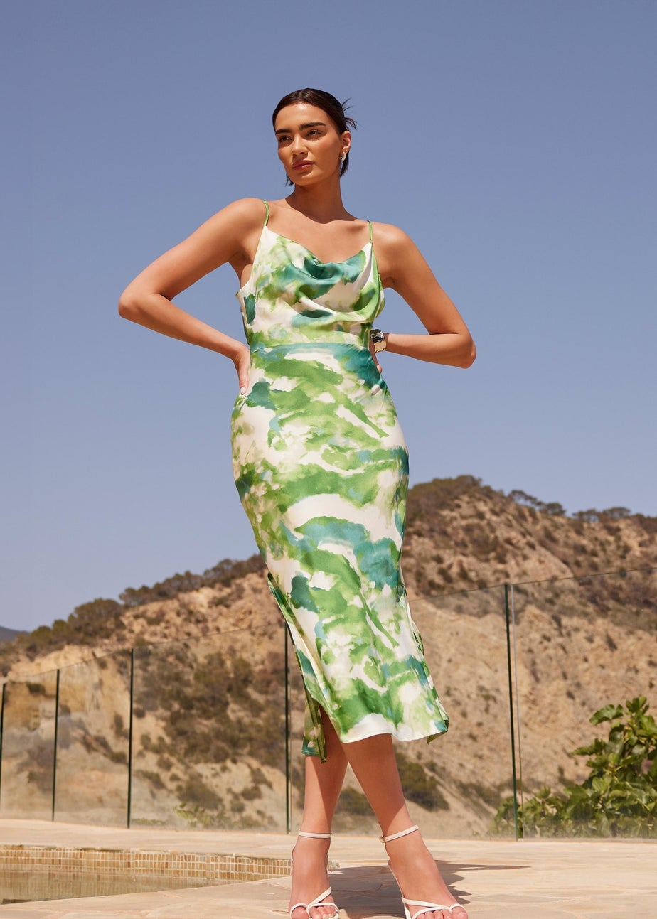 Quiz Green Marble Print Cowl Neck Midaxi Dress