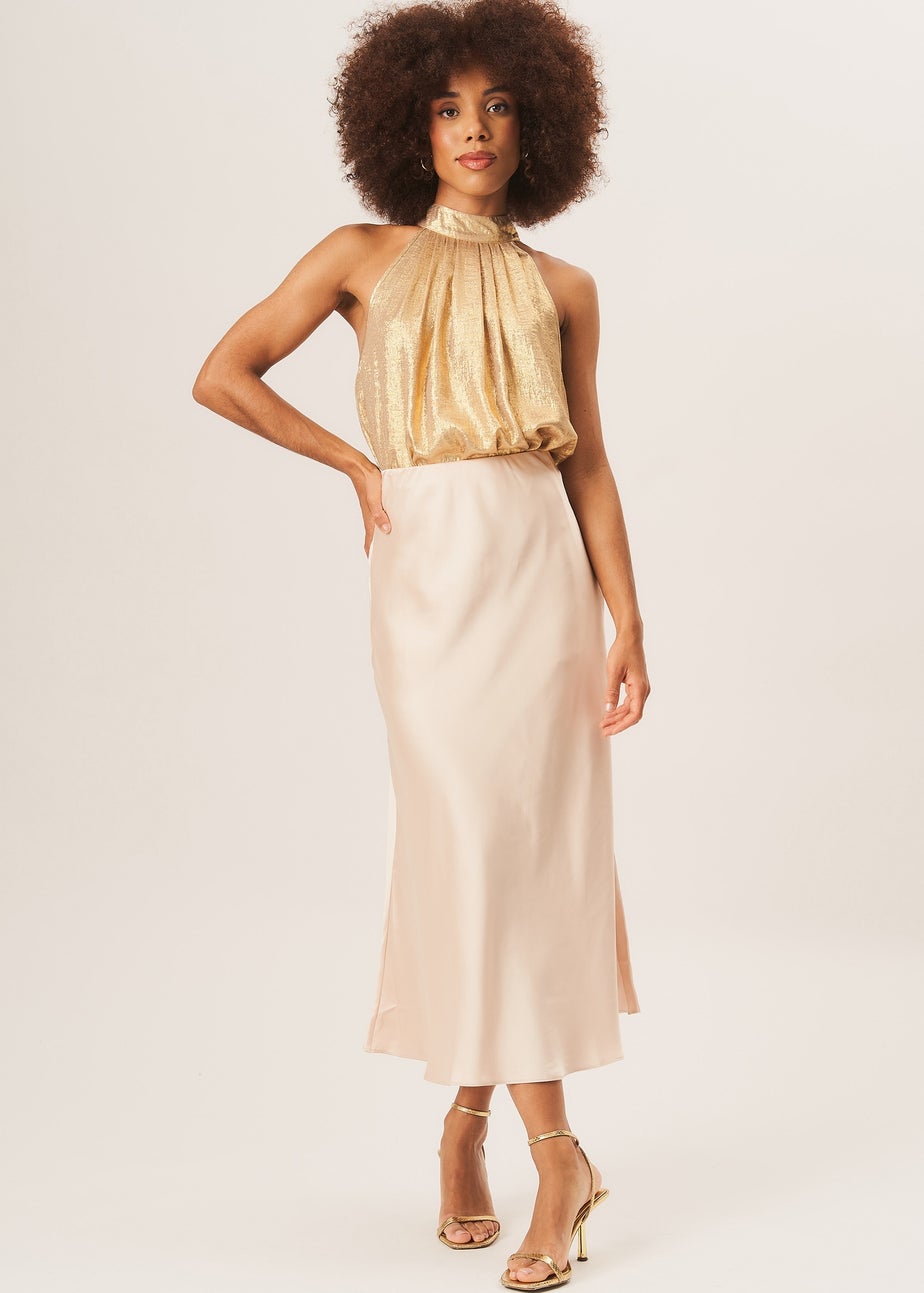 Gini London Beige Satin Bias Cut Midi Skirt