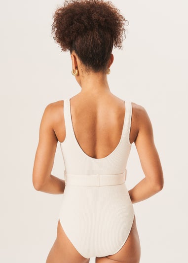 Gini London Ivory Textured Round Neck Belted Swimsuit