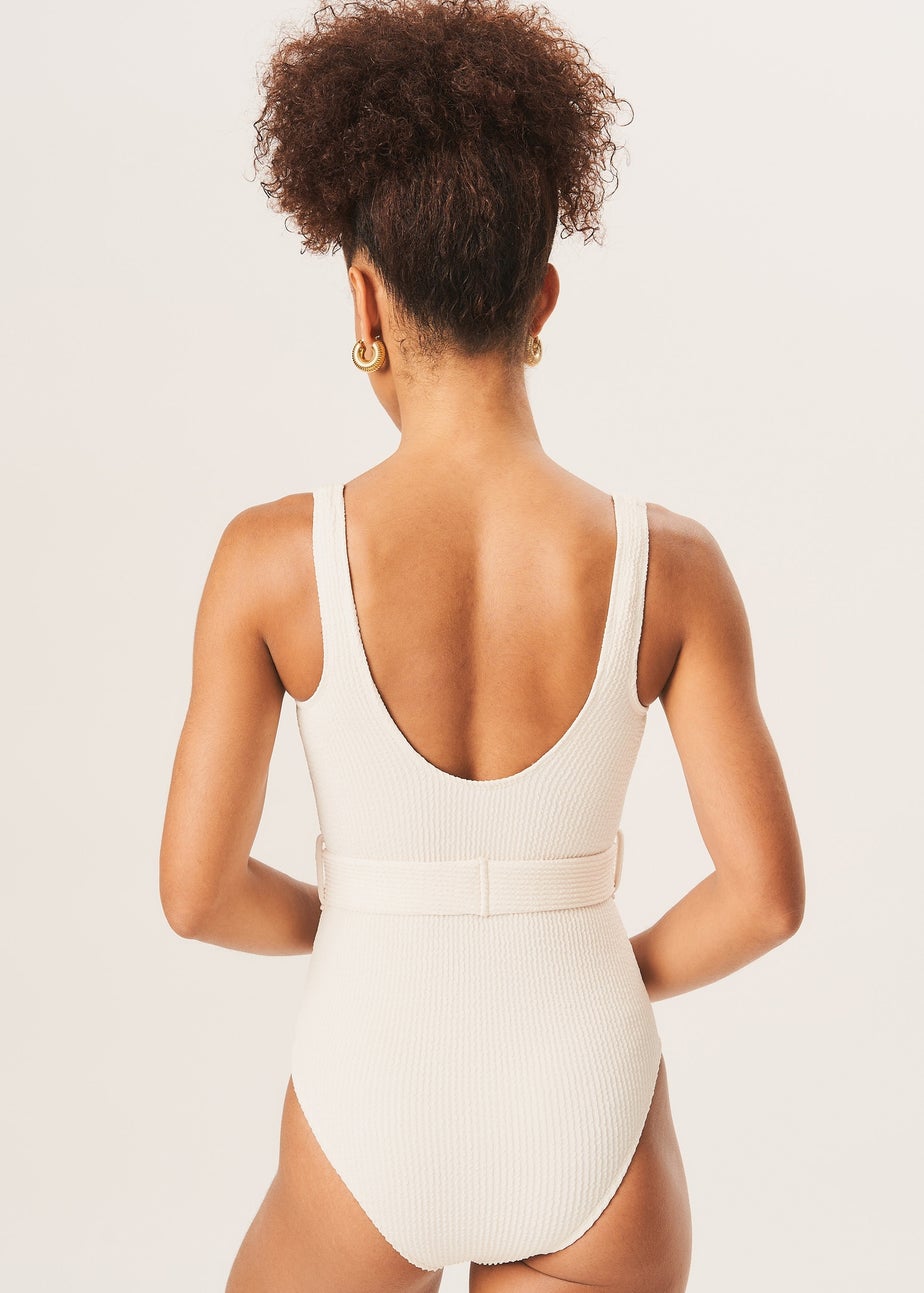 Gini London Ivory Textured Round Neck Belted Swimsuit