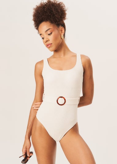 Gini London Ivory Textured Round Neck Belted Swimsuit