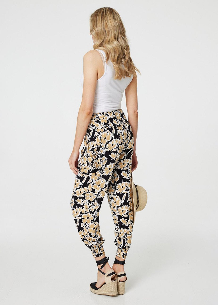 Izabel London Black Floral Tassel Tie Pocket Harem Pants