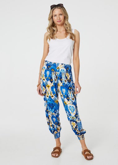 Izabel London Blue Printed High Waist Tapered Harem Pants