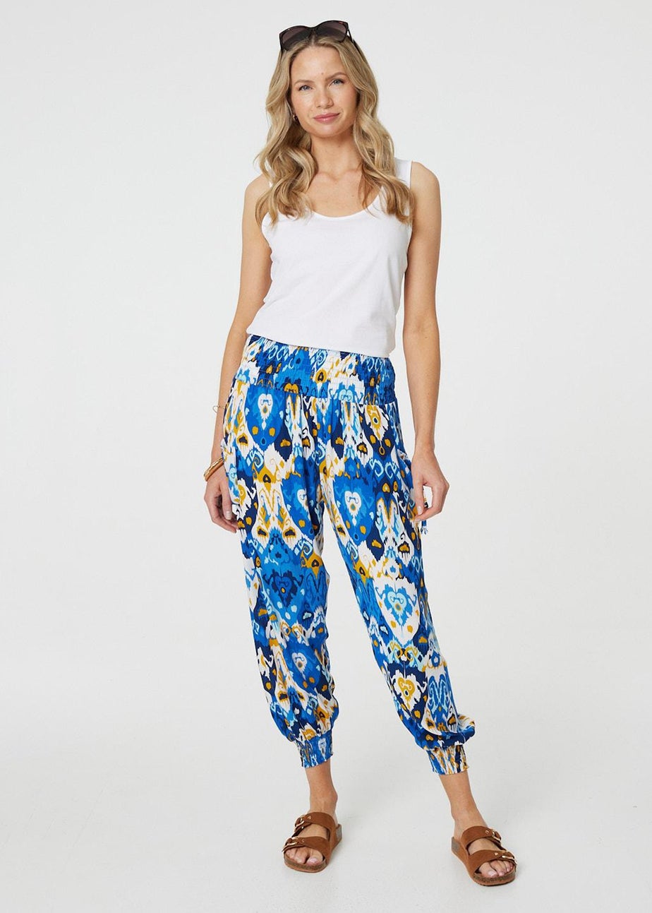Izabel London Blue Printed High Waist Tapered Harem Pants