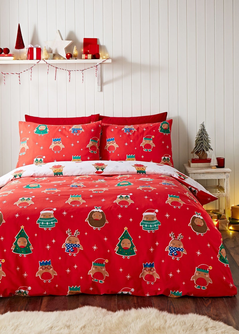 Catherine Lansfield Christmas Party Robins Reversible Duvet Cover Set