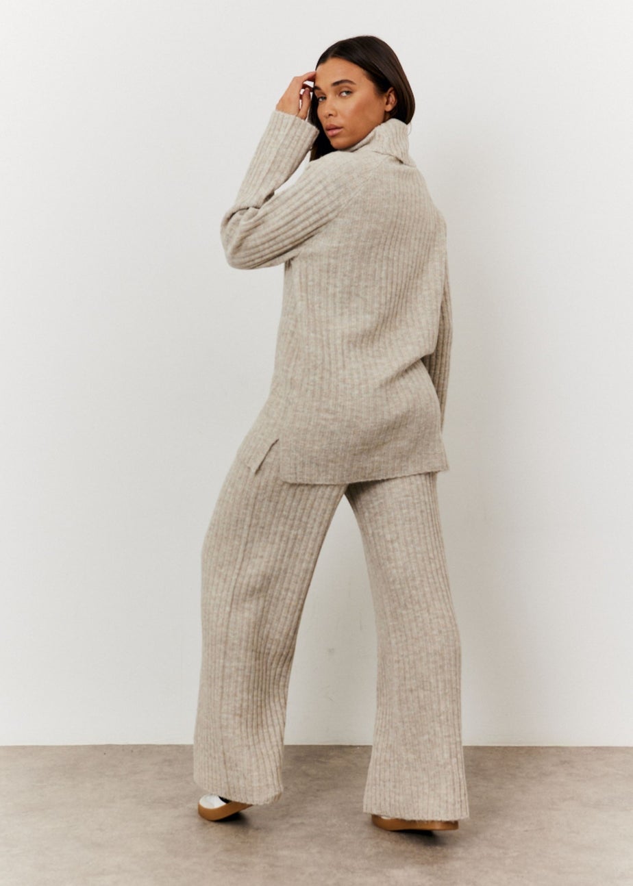 In The Style Oatmeal Wide Rib Roll Neck Knit Jumper