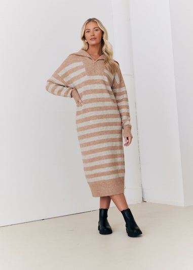 In The Style Stacey Solomon Camel Stripe Half Zip Midaxi Knitted Dress