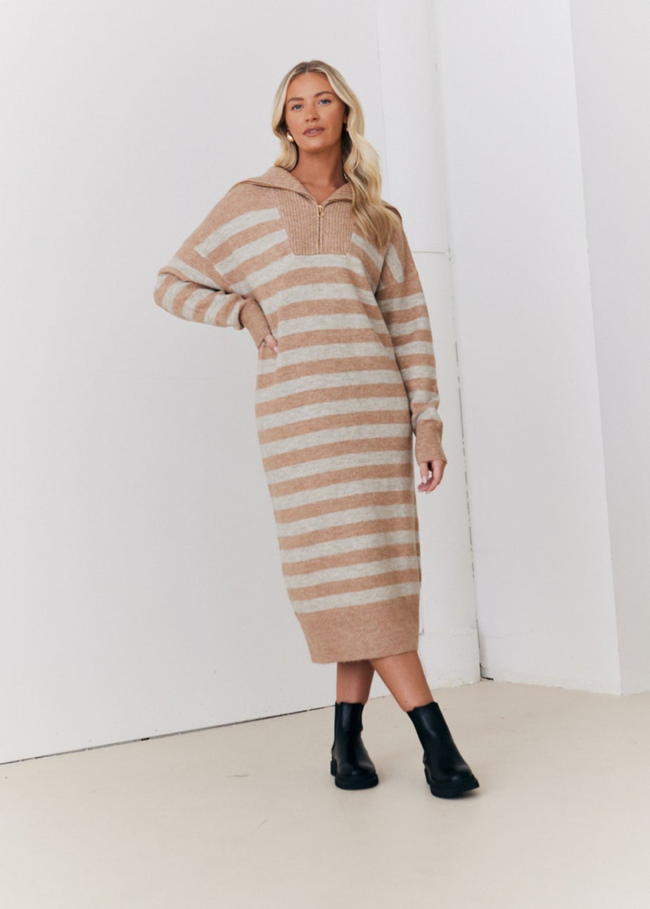 In The Style Stacey Solomon Camel Stripe Half Zip Midaxi Knitted Dress