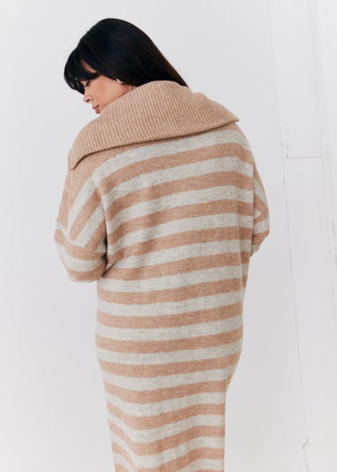 In The Style Stacey Solomon Camel Stripe Half Zip Midaxi Knitted Dress