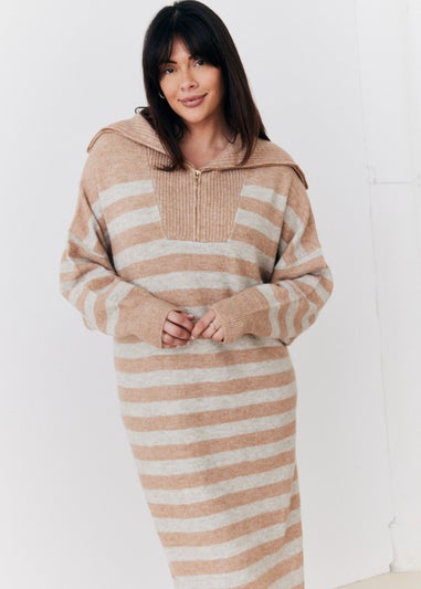 In The Style Stacey Solomon Camel Stripe Half Zip Midaxi Knitted Dress