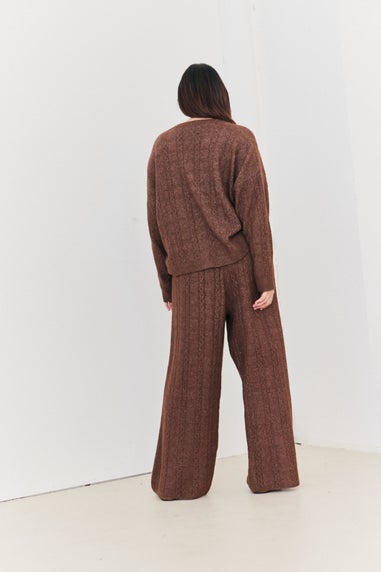 In The Style Chocolate Wide Leg Cable Knit Trousers