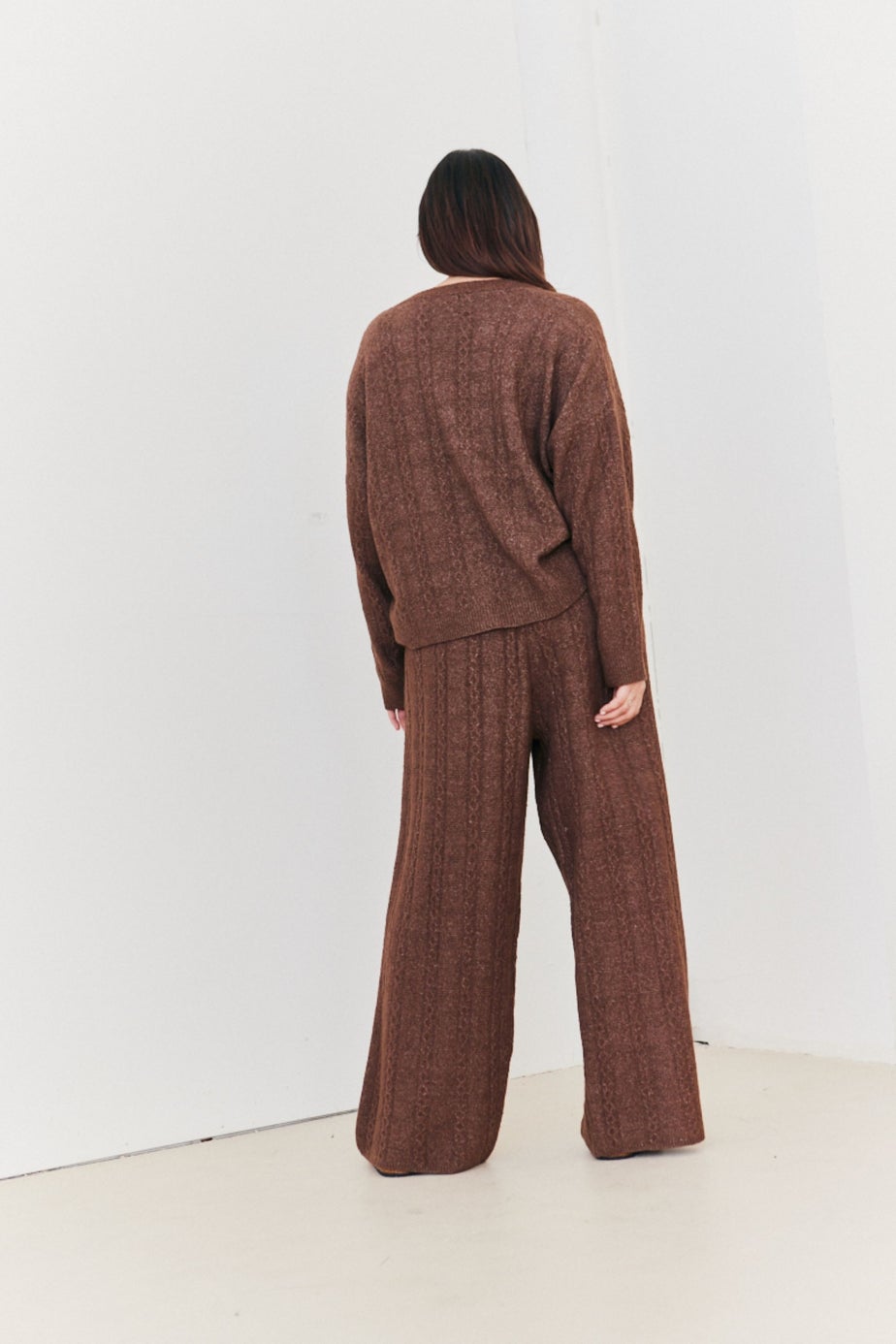 In The Style Chocolate Wide Leg Cable Knit Trousers