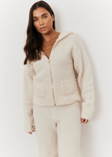 In The Style Stacey Solomon Cream Fluffy Knit Zip Up Hoodie