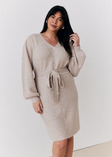 In The Style Stacey Solomon Oatmeal Pearl Button Detail Knit Belted Mini Dress