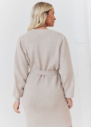 In The Style Stacey Solomon Oatmeal Pearl Button Detail Knit Belted Mini Dress
