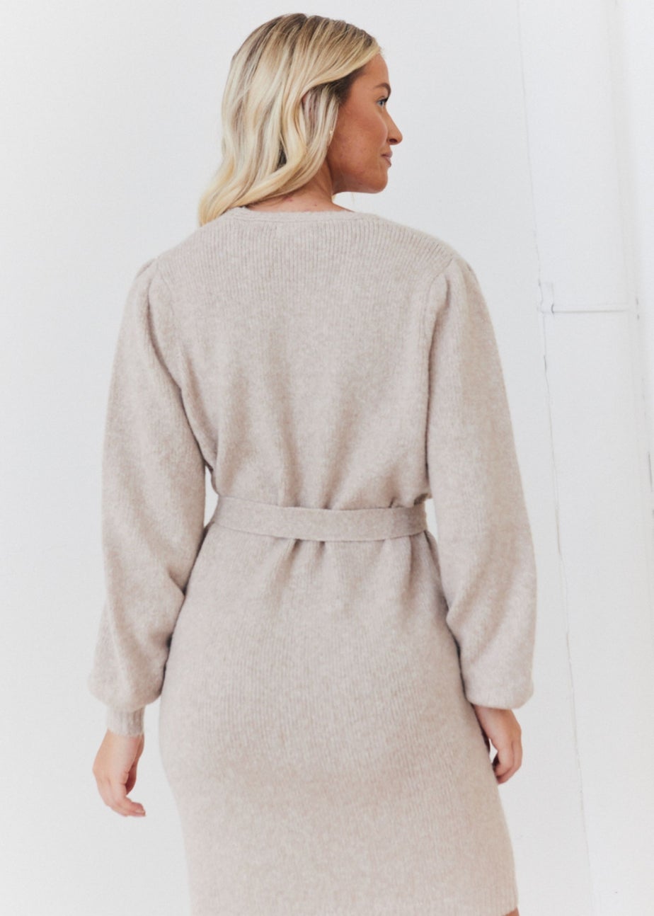In The Style Stacey Solomon Oatmeal Pearl Button Detail Knit Belted Mini Dress