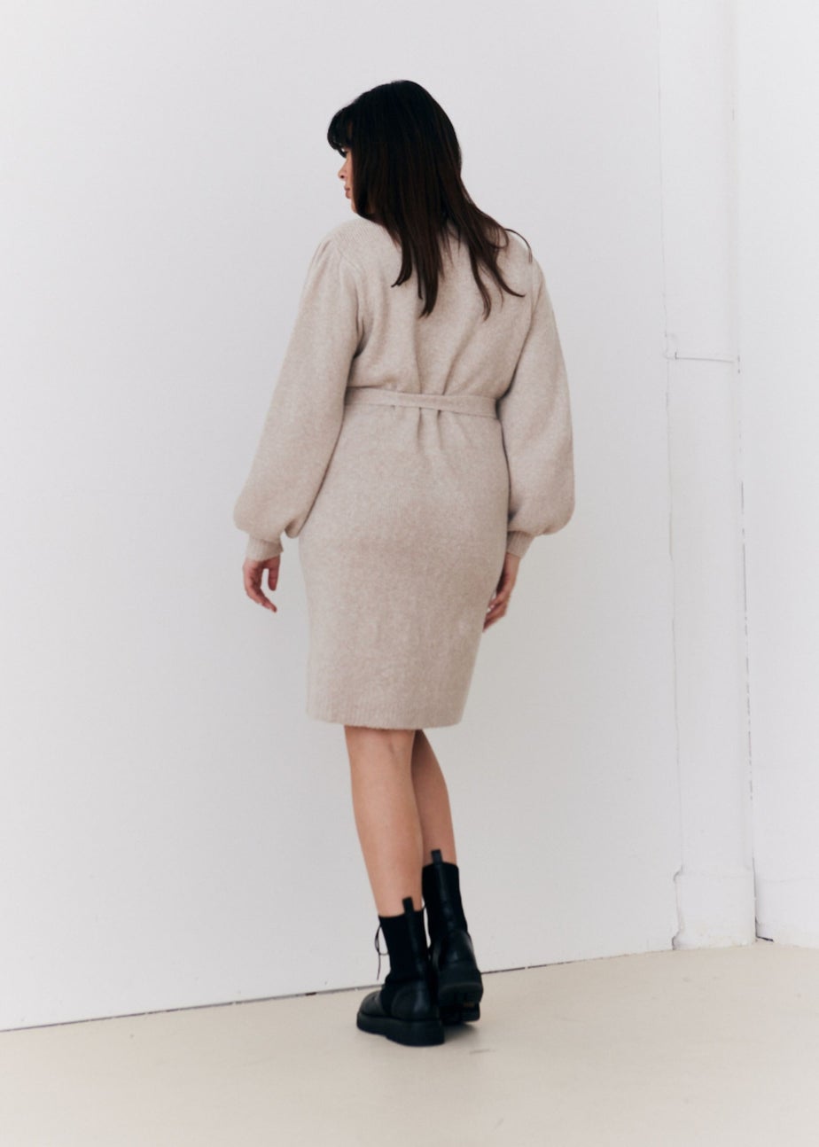 In The Style Stacey Solomon Oatmeal Pearl Button Detail Knit Belted Mini Dress