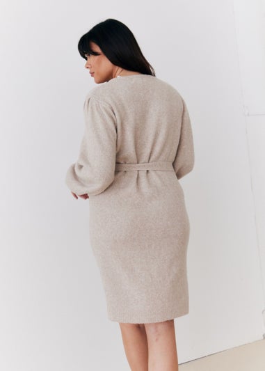 In The Style Stacey Solomon Oatmeal Pearl Button Detail Knit Belted Mini Dress