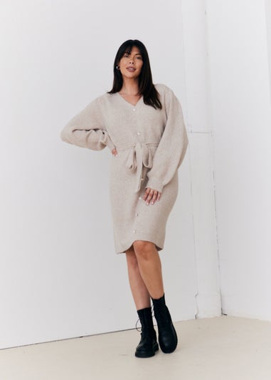 In The Style Stacey Solomon Oatmeal Pearl Button Detail Knit Belted Mini Dress