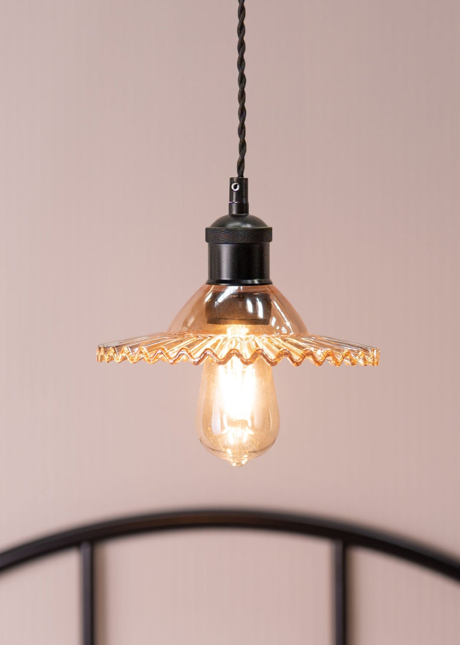 ValueLights Lucrezia Black Pendant Light Amber Frilled Glass Shade (112cm x 21.5cm x 21.5cm)