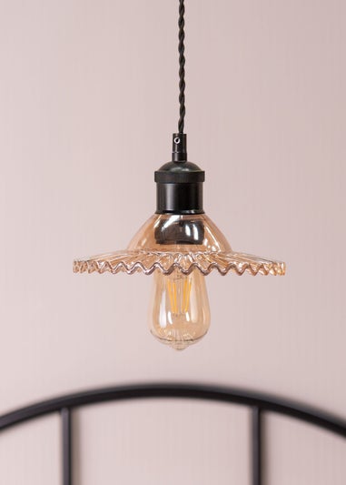 ValueLights Lucrezia Black Pendant Light Amber Frilled Glass Shade (112cm x 21.5cm x 21.5cm)