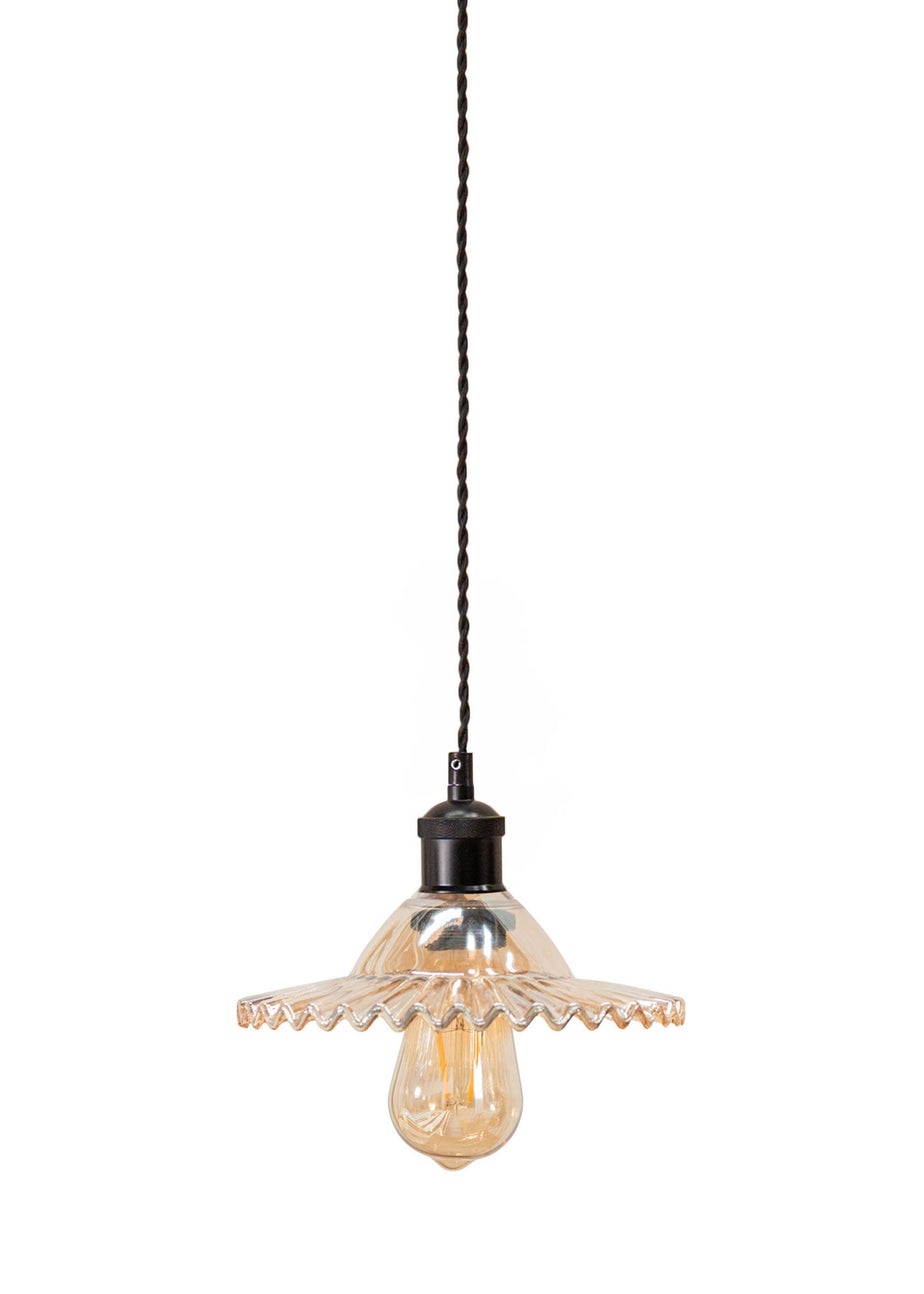 ValueLights Lucrezia Black Pendant Light Amber Frilled Glass Shade (112cm x 21.5cm x 21.5cm)