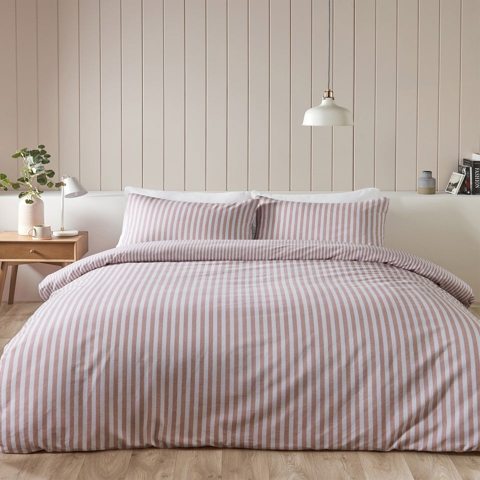 Catherine Lansfield Brushed Stripe Cotton Reversible Duvet Cover Set Blush Pink