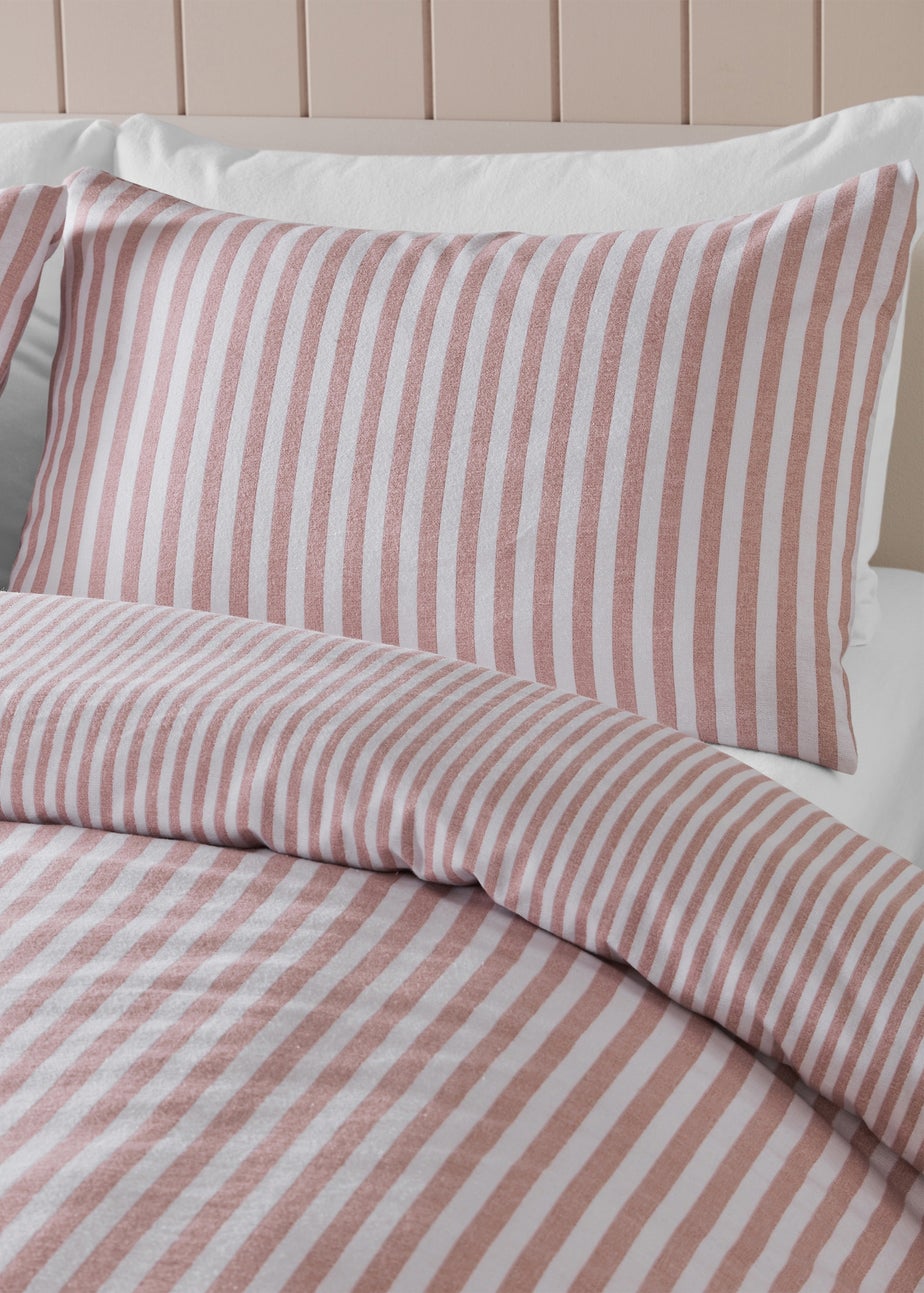 Catherine Lansfield Brushed Stripe Cotton Reversible Duvet Cover Set Blush Pink