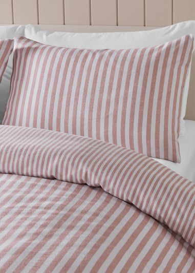 Catherine Lansfield Brushed Stripe Cotton Reversible Duvet Cover Set Blush Pink