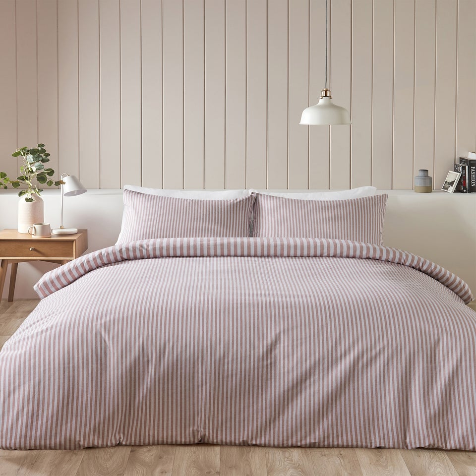 Catherine Lansfield Brushed Stripe Cotton Reversible Duvet Cover Set Blush Pink