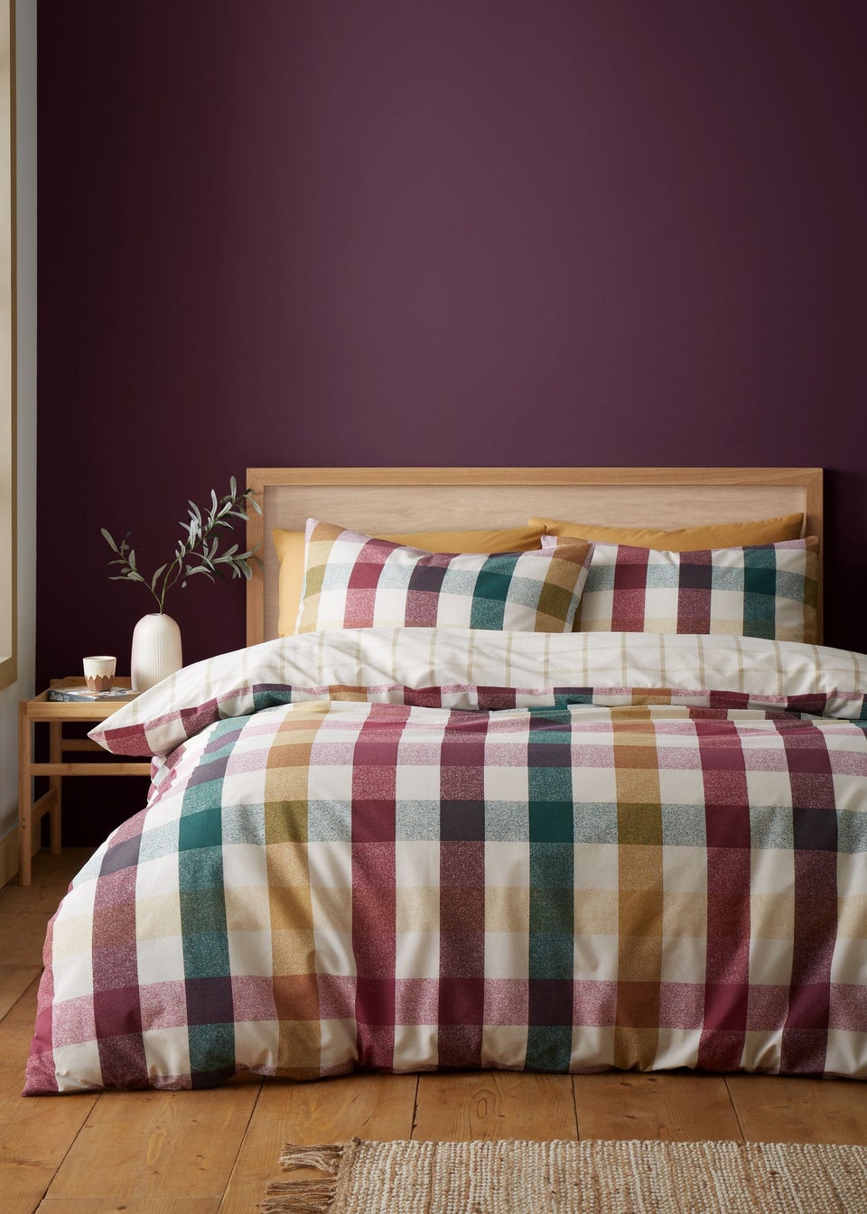 Catherine Lansfield Autumn Check Reversible King Duvet Cover Set Natural Plum