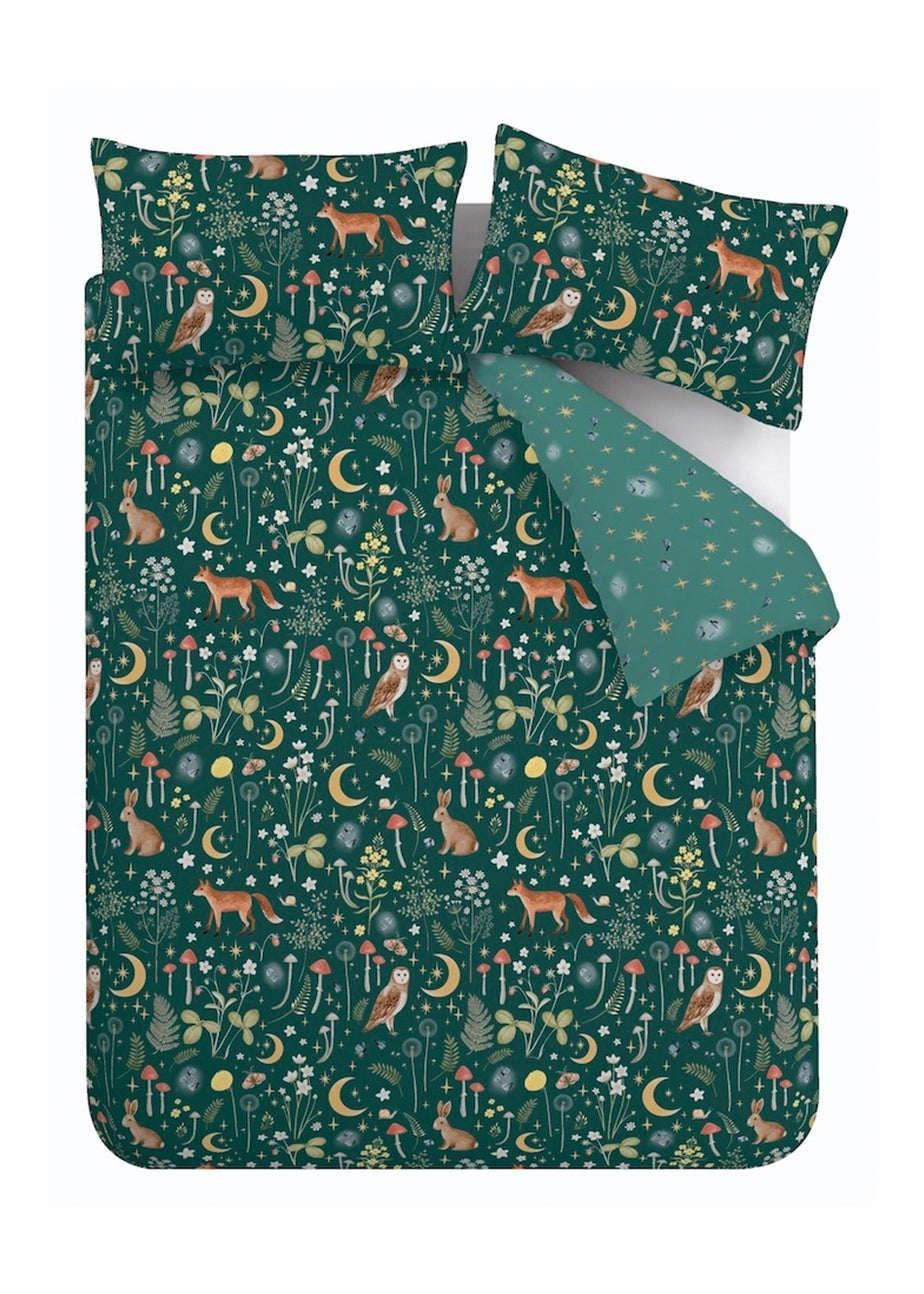 Catherine Lansfield Enchanted Twilight Animals Reversible Duvet Cover Set Forest Green