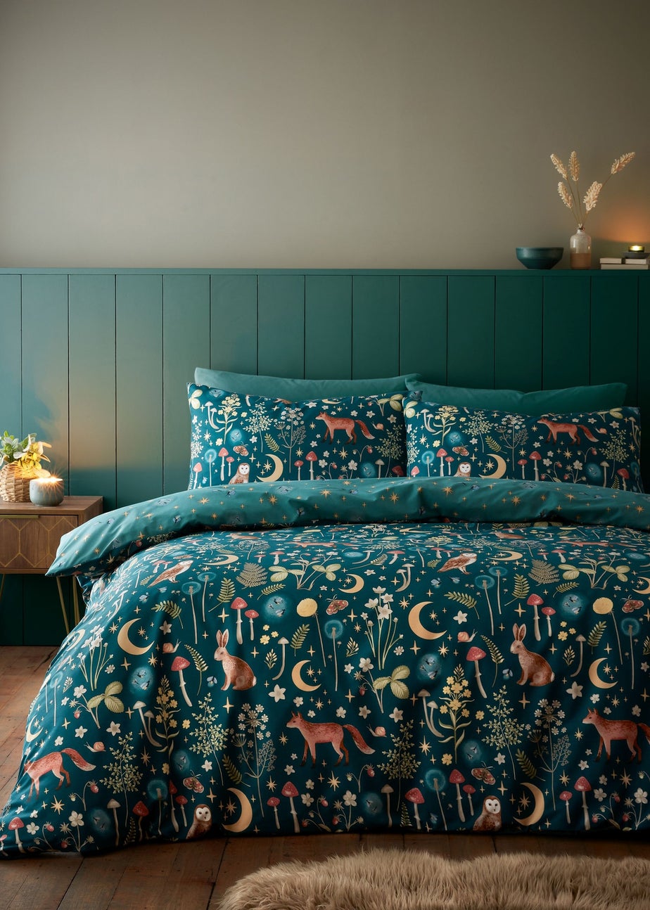 Catherine Lansfield Enchanted Twilight Animals Reversible Duvet Cover Set Forest Green