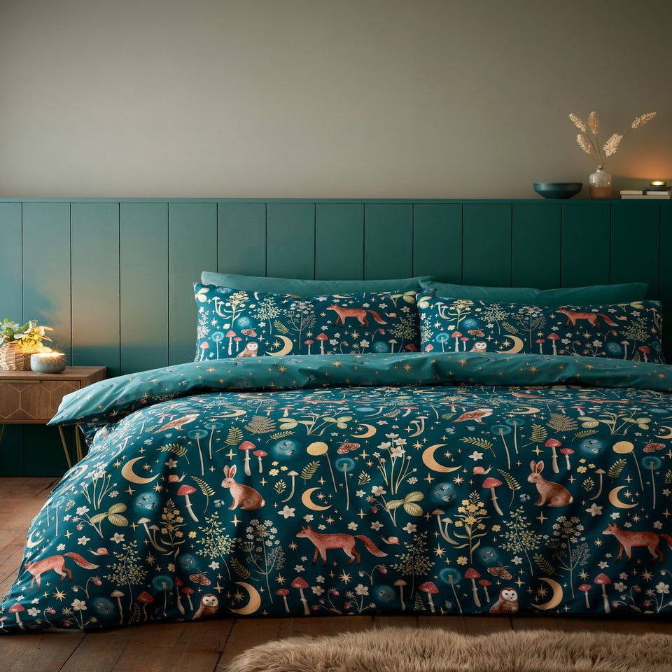 Catherine Lansfield Enchanted Twilight Animals Reversible Duvet Cover Set Forest Green