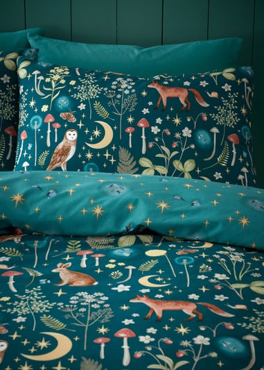 Catherine Lansfield Enchanted Twilight Animals Reversible Duvet Cover Set Forest Green