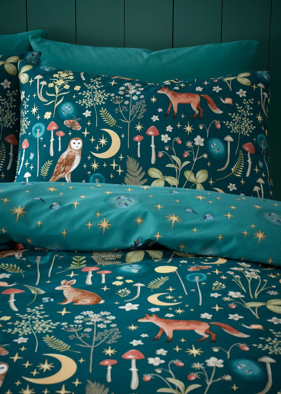 Catherine Lansfield Enchanted Twilight Animals Reversible Duvet Cover Set Forest Green