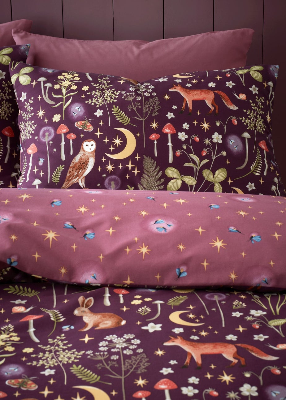 Catherine Lansfield Enchanted Twilight Animals Reversible Duvet Cover Set Plum