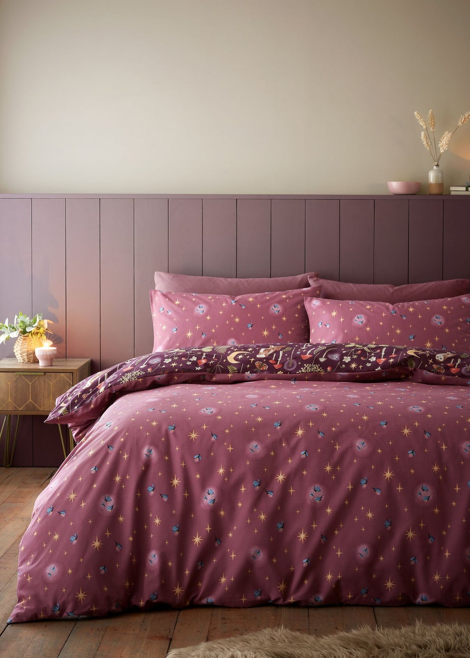Catherine Lansfield Enchanted Twilight Animals Reversible Duvet Cover Set Plum