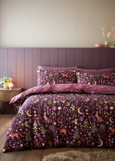 Catherine Lansfield Enchanted Twilight Animals Reversible Duvet Cover Set Plum