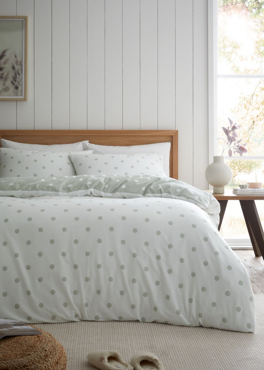 Catherine Lansfield Brushed Polka Dot Cotton Reversible Single Duvet Cover Set Green