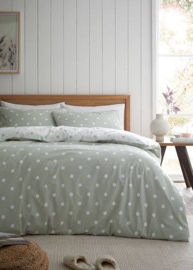 Catherine Lansfield Brushed Polka Dot Cotton Reversible Single Duvet Cover Set Green