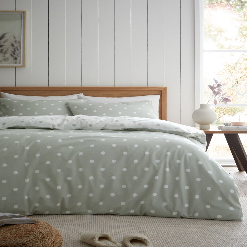 Catherine Lansfield Brushed Polka Dot Cotton Reversible Single Duvet Cover Set Green