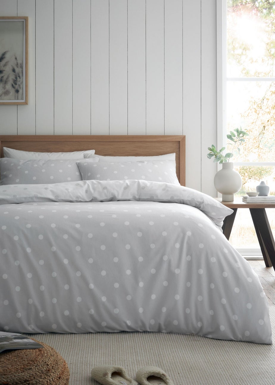 Catherine Lansfield Brushed Polka Dot Cotton Reversible Single Duvet Cover Set Grey