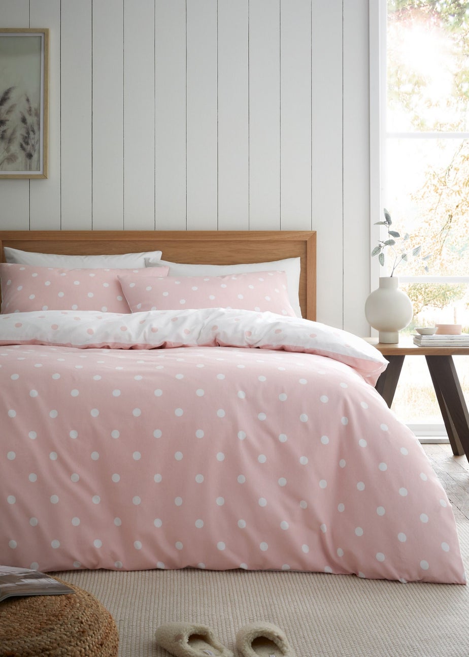 Catherine Lansfield Brushed Polka Dot Cotton Reversible Single Duvet Cover Set Pink