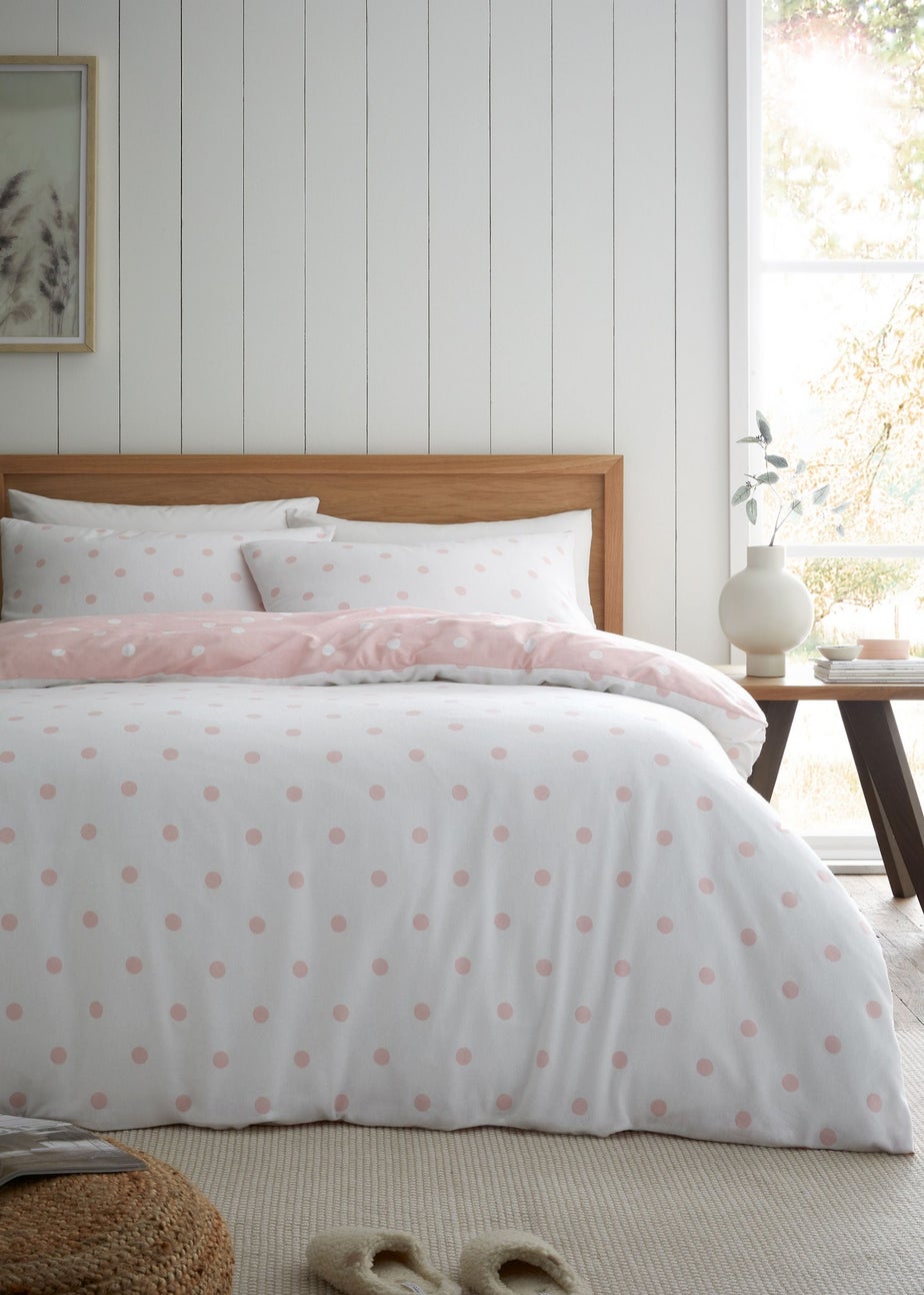 Catherine Lansfield Brushed Polka Dot Cotton Reversible Single Duvet Cover Set Pink
