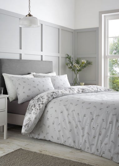 Catherine Lansfield Elinda Floral Reversible Double Duvet Cover Set Grey